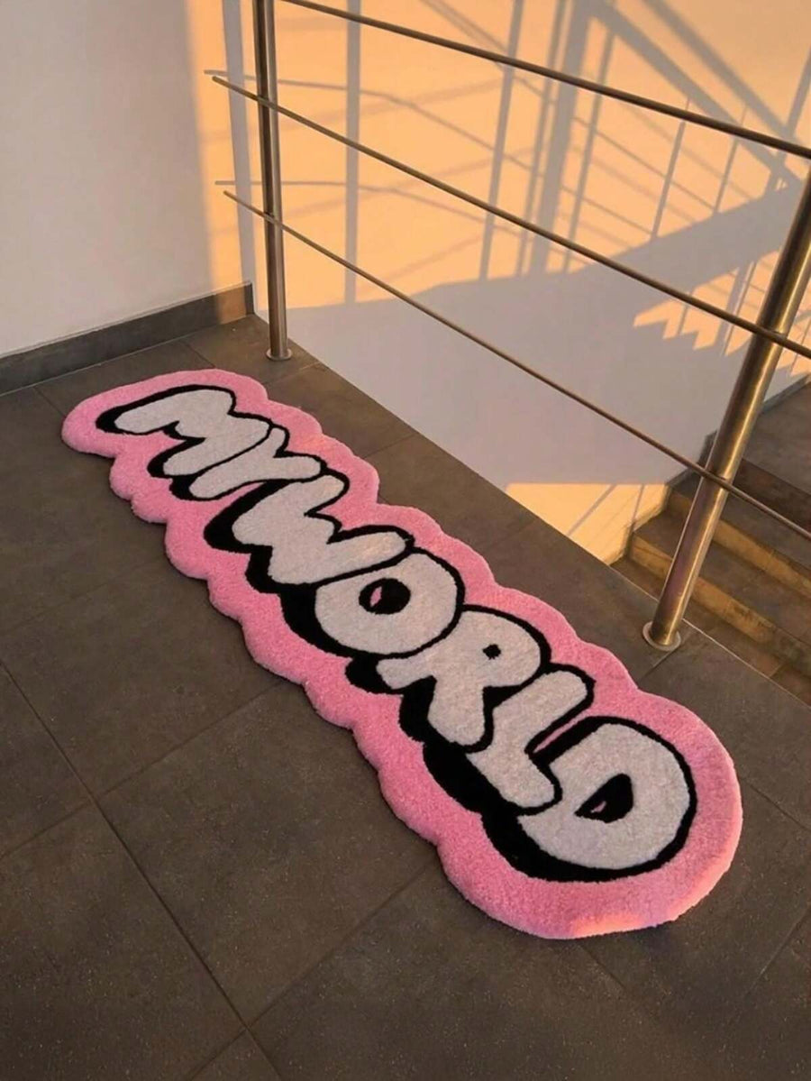 1pc Faux Wool Rug With "My World" Funny Text Pattern, Machine Washable - Asymmetrical Shape Doormat, Suitable For Bedroom, Indoor Decor, Christmas, Thanksgiving, Father's Day Etc. - Pink With Black Letter Design