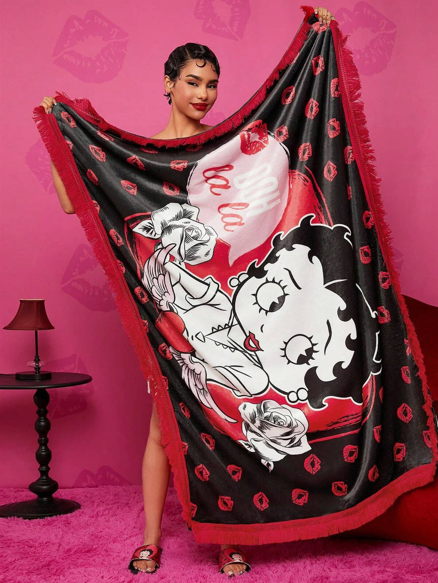 Betty Boop x SHEIN Cartoon Characters And Lips Printed Raw Trim Bed Blanket,Gift Ideas,Party,Holiday,Valentine's Day,Spring / Winter