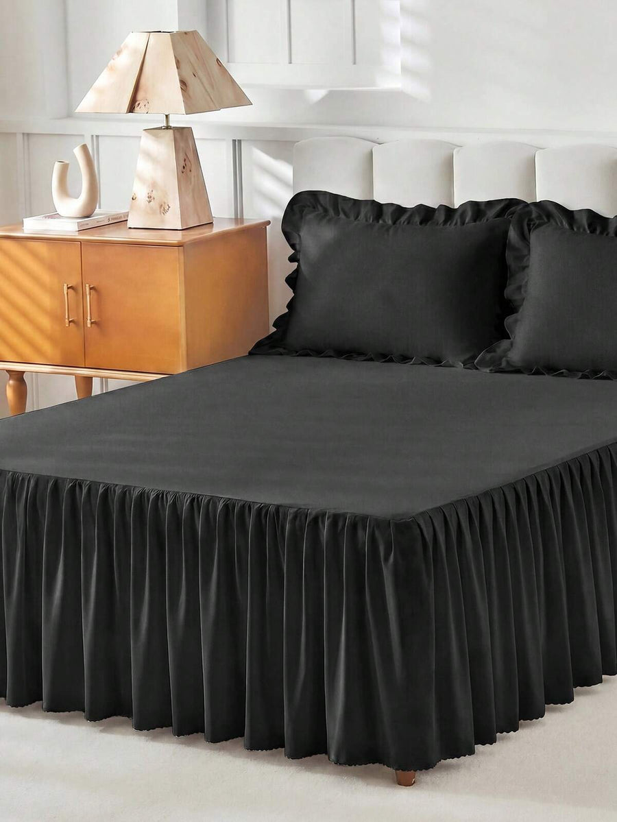 1pc Bed Skirt, Bedding, Soft & Breathable Bed Sheet, Silky Luxurious Fabric, Gentle On Hair And Skin, Ruffled Hem With Elastic Corner Straps, Black, Comfortable Sleep, Suitable For Twin, Full, Queen, King And Other Bed Sizes, Room Decor